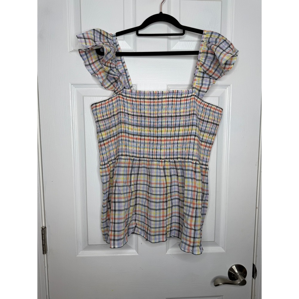 LOFT Plaid Ruffle Strap Tank Top in Pastel Multi